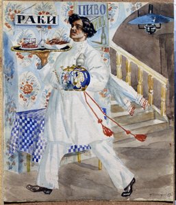 En rysk servitör på en taverna i Moskva med en bricka med mat och tekannor. (Servitör). Målning av Boris Michaylovich Kustodiev (Kustodiev) (1878-1927) av Boris Mikhailovich Kustodiev