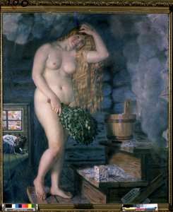 Ryska Venus (ryska Venus). Ung leende och naken kvinna, i badrummet, bastutyp, med en bukett grenar. Målning av Boris Michaylovich Kustodiev (Kustodiev) (1878-1927), olja på duk