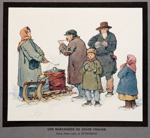 En het soppasäljare, från Histoire des Soviets, pub. 1922 (lito i färg) av Boris Vasilievich Zvorykin