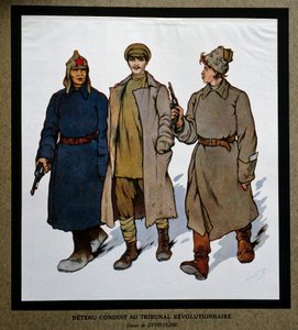 Ryssland efter revolutionen 1917: "En avspärrning förd till revolutionstribunalen". Teckning av Boris Zvorykin (1872-1935). Institutet för socialhistoria, Montreuil