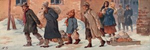 Sovjetiska arbetare som lämnar sina kontor med sina matransoner (färg litho)
