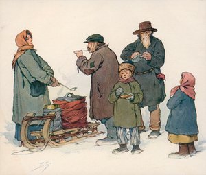 Kvinna som säljer varm soppa på gatan i Sovjetryssland (färg litho)