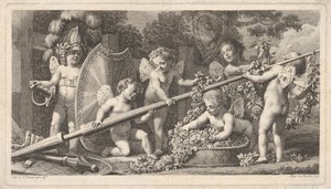 Sex putti leker med Mars armar, fyra håller i en stor lans, en till vänster ..., 1769. av Bossi
