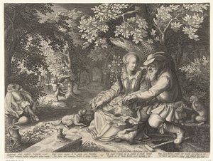 Döden och Amor skjuter varandras pilar, och gammal man uppvaktar ung kvinna