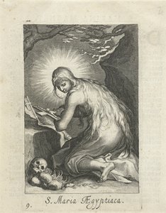 Sankta Maria av Egypten som eremit S. Maria Aegyptiaca (titel på objekt) Eremiter (serietitel) Sacra Eremus Ascetriarum (serietitel) av Boëtius Adamsz. Bolswert