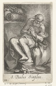 Saint Paul av Egypten som en eremit S. Paulus Simplex (titel på objekt) Eremiter (serietitel) Sacra eremvs ascetarvm (serietitel) av Boëtius Adamsz. Bolswert