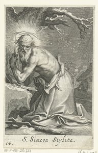 Saint Simeon stiliter den äldre som en eremit S. Simeon Stylita (titel på objekt) Eremiter (serietitel) Sacra eremvs ascetarvm (serietitel) av Boëtius Adamsz. Bolswert