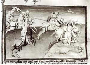 Ms Fr 2810 Den mongoliska ledaren, Hulagu, khan av Ilkhanate jagar sin kusin, Berke, khan av Kipchak eller Golden Horde i 1262, och tvingar honom i en flod, från Livre des Merveilles du Monde, c.1410-