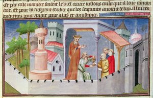 Ms Fr 2810 f.17, Hassan i Sabbah, som leder invigningarna i Alamut och ger sina anhängare drogat vin, från "Livres des Merveilles du Monde", ca 1410-12 (tempera på pergament).