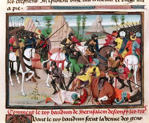 Ms 5089-90 Slaget mellan kung Baldwin I (ca 1058-1118) och turkarna, från Chroniques des empereurs av David Aubert, 1462 av Brabant School
