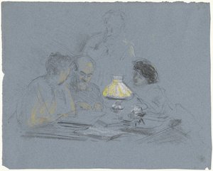 A. Grandmont och tre figurer, läser med lampljus