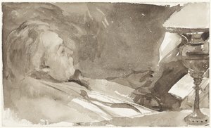 Porträtt av Alphons Marie Antoine Joseph Grandmont, läser vid en lampa