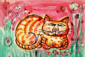 Katt (akrylaffischfärg och färgat bläck)