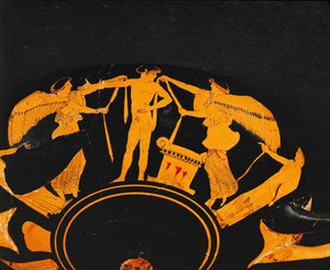Nike, segergudinnan, sätter band på en ung idrottare som står bredvid ett altare... av Briseis Painter