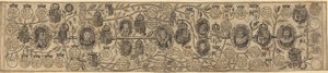 Släktträd med porträtt av Henry VII, Henry VIII, Elizabeth, James och Charles