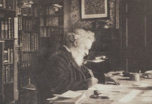 Boksamlaren William Morris i sitt bibliotek i Kelmscott House, Hammersmith av British Photographer