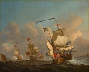 En kunglig yacht med en flotta på väg ut i en bris, ca 1720 (olja på duk) av British School