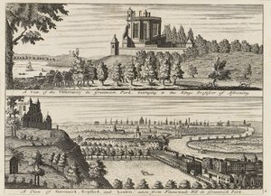 "En vy över observatoriet i Greenwich Park ...[och] En vy över Deptford och London tagen från Flamsteed Hill i Greenwich Park", ca 1750 (gravyr) av British School