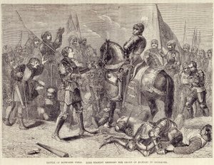Slaget vid Bosworthfältet. Lord Stanley för med sig Richard III:s krona till Richmond (1485): slutet av kriget om de två rosorna - i "" Cassells illustrerade Englands historia", vol. II, av William Howitt av British School