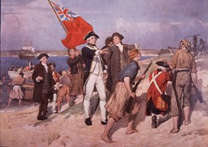 Kapten James Cook landar i Australien (färg litho)