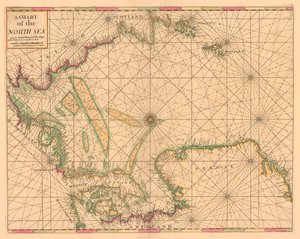 Sjökort över Nordsjön: Norge till Doversundet, ca 1700 (kolorerad gravyr) av British School