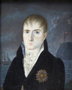 Kejsare på ön Sainte-Helene - Porträtt av kejsar Napoleon 1:a barhuvad, i svart rock, klädd i den stora örnplaketten av hederslegionens orden - Porträtt av Napoleon Bonaparte på ön Saint Helena av kapten Dodgin (aktiv av British School
