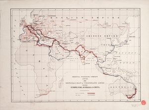 Översiktskarta över telegraflinjer mellan Europa, Indien, Australien och Kina av British School