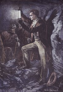 Humphry Davy med Davy säkerhetslampa för gruvarbetare, uppfann 1815 (handfärgad trägravyr)