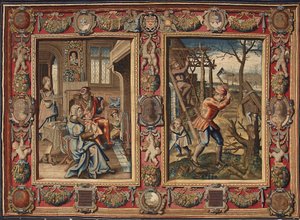 Januari och februari: "Ett par vid elden och en vedhuggare"" Gobeläng av tillverkarna av Mortlake. 1600-talsgener, Musei di Strada Nuova av British School
