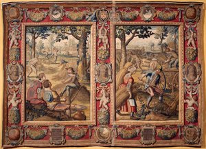 Juli och augusti: "jordbruksarbeten och skördar" Tapestry of the manufactures of Mortlake. 1600-talet Genes, Musei di Strada Nuova av British School