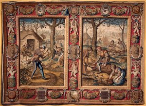 November och december: "" jordbruksarbete och grisslakt"" Tapet av tillverkarna av Mortlake. 1600-talsgener, Musei di Strada Nuova av British School