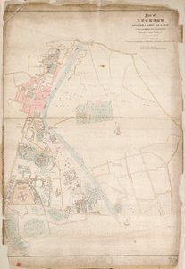 Plan över Lucknow, ritad efter en undersökning gjord 1856 av Lieut. Moorsom, 52nd. Löjtnant i infanteriet. (Presenterad av kapten Moorsom, C.E.), ca 1856 (siden, papper) av British School