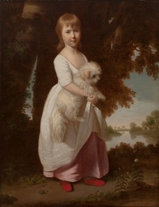 Porträtt av en flicka som håller en maltesisk spaniel av British School