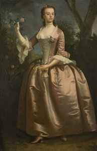 Porträtt av en dam i en rosa klänning (olja på duk) av British School