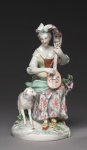 Sittande musiker, Derby Porcelain Factory, ca 1765 (mjukt klistrat porslin) av British School