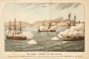 Flottstriderna i Stilla havet mellan HMS "Shah" och "Amethyst" och den peruanska rebellen, Ironclad Turret Ram Huascar utanför Ilo, 29 maj 1877 av British School
