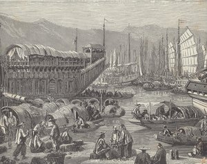 Fartyg i livlig hamn, Shanghai, Kina (gravyr) av British School