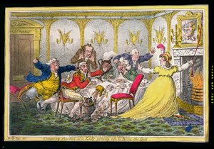 Företag chockade över en dam som reser sig till Ring the Bell, etsat av James Gillray (1756-1815) publicerad av Hannah Humphrey 1804 (handfärgad etsning)