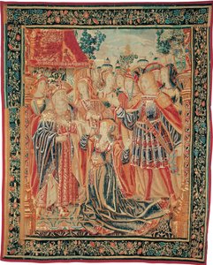 Historien om Troja. Cassandra går i förbön inför Priamos för att få en benådning för Paris, ca. 1520