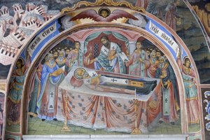 Bulgarien, Rilabergen, Rilaklostret, freskdetalj i Jungfrufödelsens kyrka