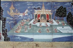 Ma 565 Kung Nimi i sin gudomliga vagn skickad av Indra och ledd av ängeln Matali, besöker himlen och hittar kvinnor av ojämförlig skönhet, från Nimi Jataka, 1869 av Burmese School