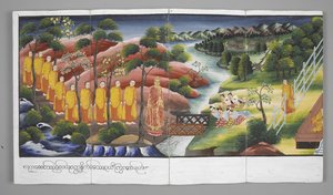 Eller. 13534, f.23 Munkar korsar en flod, scener ur Buddhas liv (pergament) av Burmese School