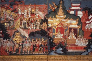 Eller 14297 fol.6-7 The Birth of the Future Buddha, c.1800-20 (gouache på papper) av Burmese School
