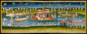 Parabaik-bild, som visar kunglig festival på vatten, Royal Barge procession, Or 16761, f. 35r (pappersvikt bok) av Burmese School