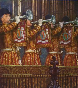 Trumpeters of the Household Cavalry låter en fanfar (färg litho)