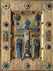 Bysantinsk konst: Evangelisk av guld och emalj dekorerad med bladguld avvisar med filigrankrucifix som representerar Jungfrun och Sankt Johannes. 1100-1200-talets Venedig tesoro av San Marco (tresor av Sankt Markus) av Byzantine