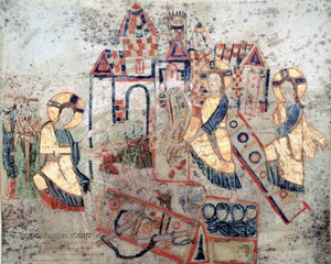 Bysantinsk konst: "" Representation av Frälsaren Kristus som skär ner underjordens portar, krossar Satan och befriar själar""" Miniatyr från "Exultet"" från början av 1000-talet Museo Diocesano, Gaeta av Byzantine