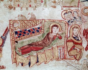 Bysantinsk konst: "" Födelsekyrkan och bebådelsen till herdarna"" Miniatyr hämtad från "" Exultet"" från början av 1000-talet Museo Diocesano, Gaeta av Byzantine