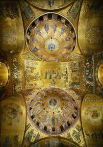 Bysantinsk arkitektur: utsikt över kupolerna med mosaiker på gyllene bakgrund (romansk och bysantinsk stil) som illustrerar pingstängen (1250-1300) och Kristi himmelsfärd (tidigt 1200-tal). Basilica San Marco (basilikan San Marco) Venedig av Byzantine