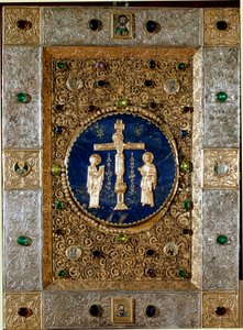 Bysantinsk konst: omslaget av en evangelisk dekorerad med bladguld avvisar med filigrankrucifix som representerar Jungfrun och Sankt Johannes. 1200-talet. Venedig tesoro de San Marco (skattmästare i Sankt Markus) av Byzantine
